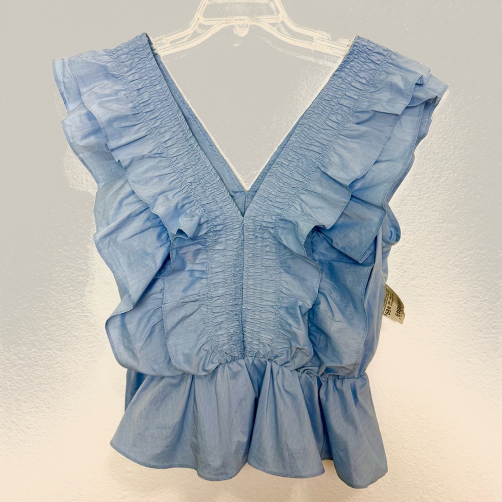NWT The Impeccable Pig Light Blue Ruffle Blouse Sleeveless Top V-Neck Peplum NEW
